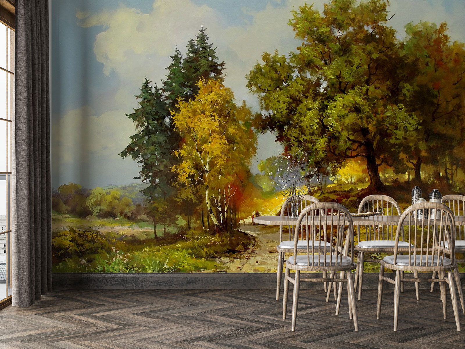 Hand-painted wall mural featuring golden forest trees, a winding pathway, and warm sunlight illuminating a peaceful woodland landscape.