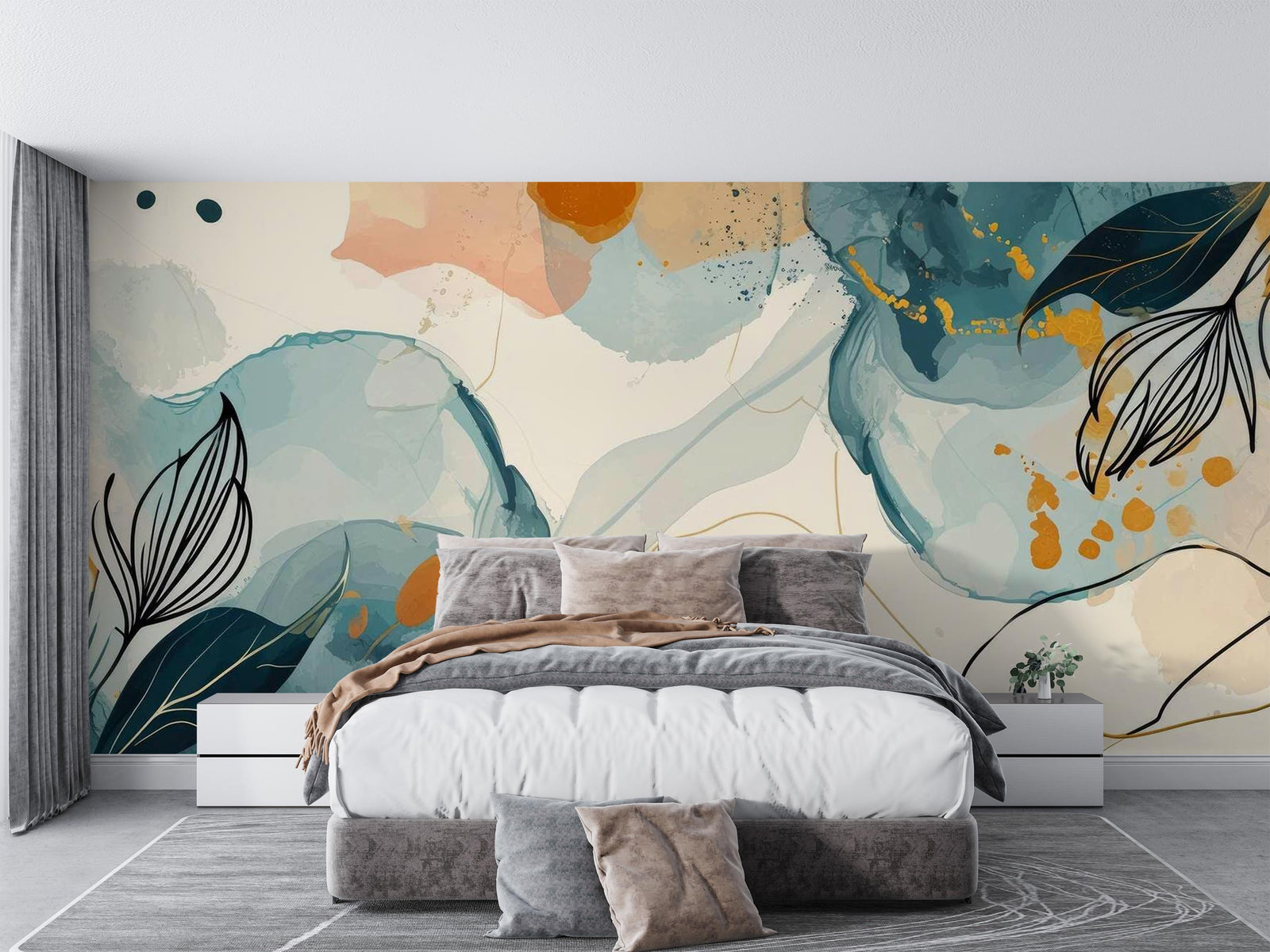 Absract floral wall mural decorating a bedroom.