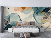 Absract floral wall mural decorating a bedroom.