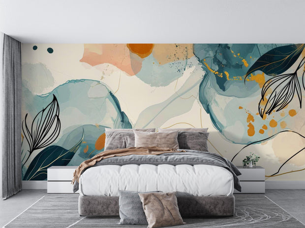 Absract floral wall mural decorating a bedroom.