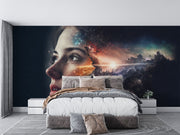 Cosmic Vision Wall Mural – Surreal Galaxy Wallpaper Featuring a Female Face Blending with a Nebula, Stardust, and Cosmic Light for Dreamy & Futuristic Interiors.