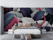 Elegant Tropical Flamingo Wall Mural – Exotic Jungle Wallpaper Featuring Pink Flamingos and Oversized Botanical Leaves in Navy, Silver, and Green for Modern Interiors.