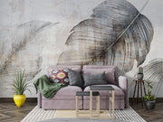 Textured feather wall mural in neutral grey and beige tones, featuring oversized artistic feather details, perfect for modern and minimalist interiors.