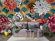 Colorful floral wall mural with peonies and gold accent decorating a living room.