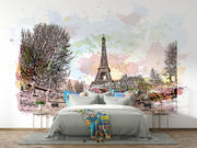 Watercolor Paris mural featuring the Eiffel Tower with pastel skies and ink sketch trees in a stylish bedroom setting.