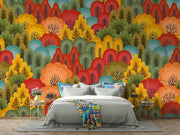 Vibrant Forest Wall Mural featuring colorful abstract trees in red, orange, green, and blue tones, ideal for modern and artistic interiors.
