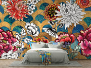 Colorful floral wall mural with peonies and gold accent decorating a bedroom.