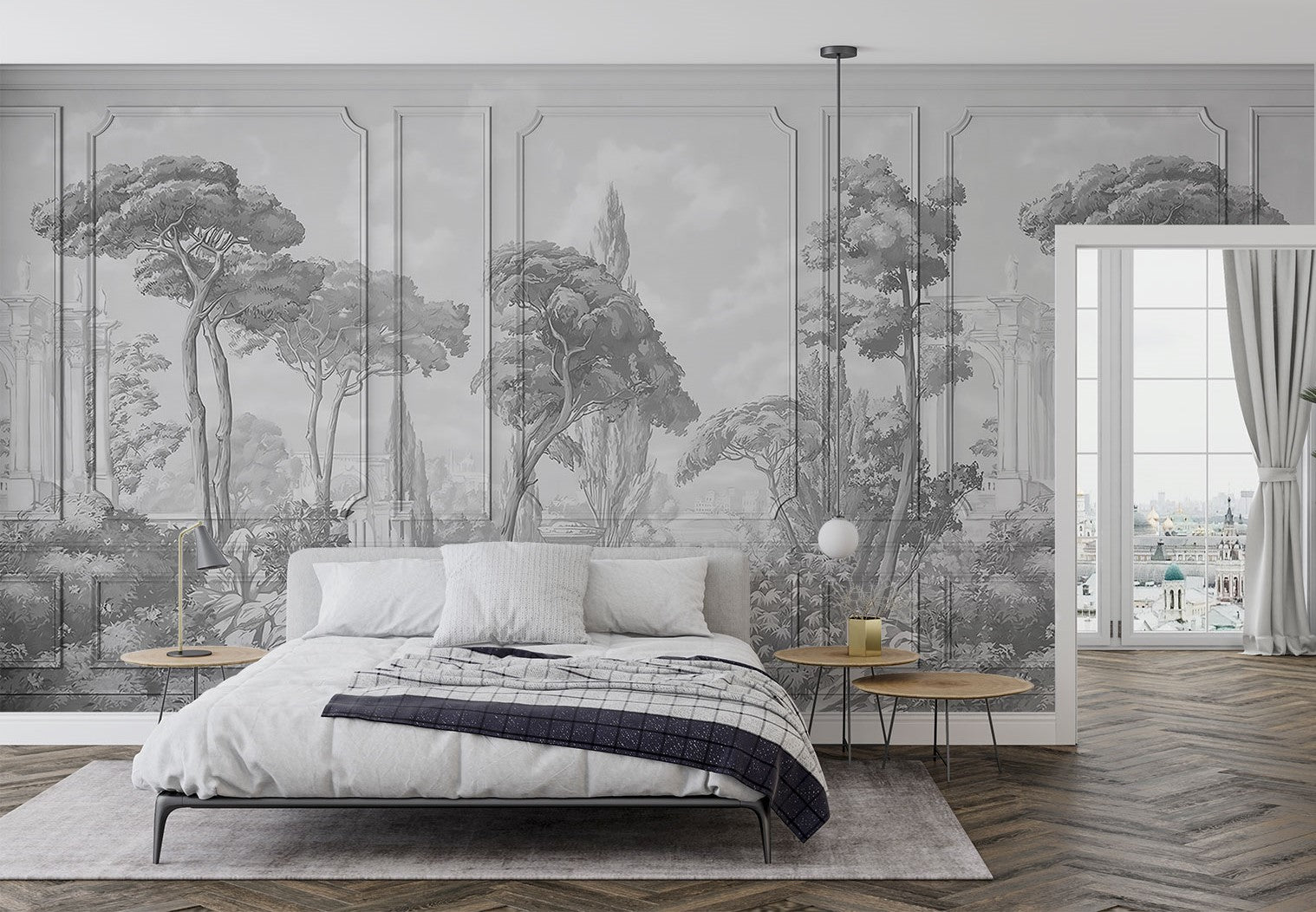 Grand Chateau Wall Mural featuring a grayscale European landscape with architectural details, trees, and a timeless, elegant aesthetic