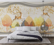 Golden Deer & Autumn Leaves Wall Mural – Elegant Nature-Inspired Wallpaper with Floral Antler Deer and Warm Autumn Hues for Luxury Interiors.
