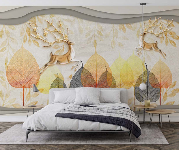 Golden Deer & Autumn Leaves Wall Mural – Elegant Nature-Inspired Wallpaper with Floral Antler Deer and Warm Autumn Hues for Luxury Interiors.