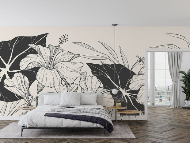 Spacious bedroom featuring a panoramic floral line art mural in black ink over a soft beige background.