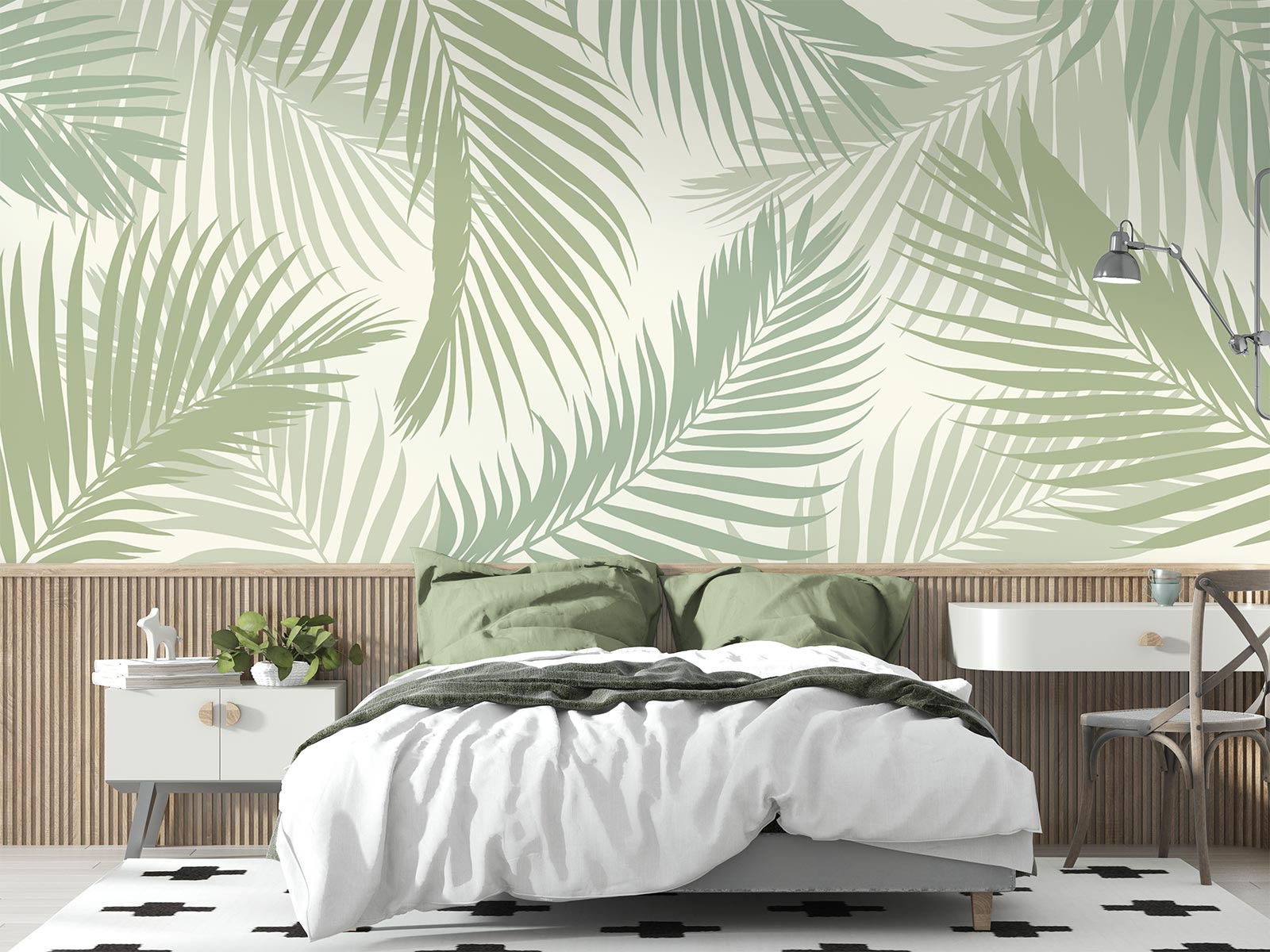 Serene palm leaf wall mural with soft green overlapping leaves on a neutral background, styled in a modern bedroom with wooden accents.