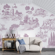 Toile de Jouy wall mural with delicate French countryside scenes in classic vintage style.