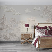 Elegant scenic wall mural with a classical landscape featuring trees, hills, and ancient architectural details in soft, neutral tones.