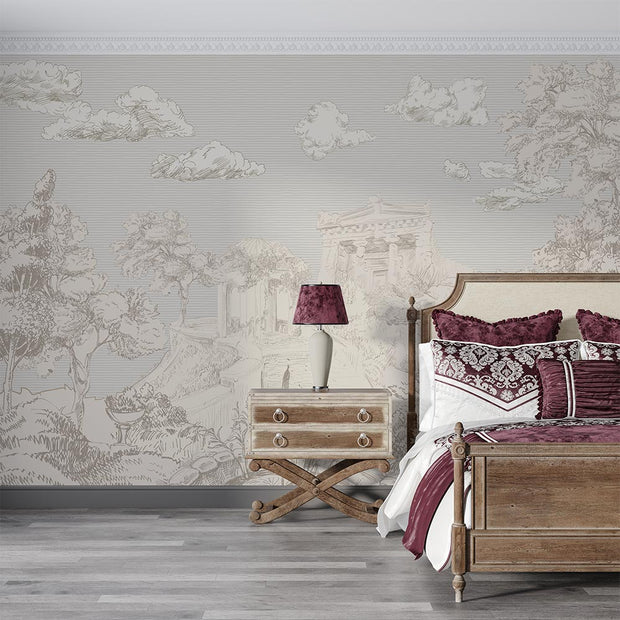 Elegant scenic wall mural with a classical landscape featuring trees, hills, and ancient architectural details in soft, neutral tones.