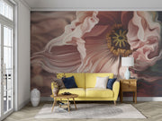 Dramatic macro flower wall mural featuring blush pink anemone with flowing petals, styled in minimalist room with yellow sofa.