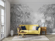 Monochrome Jungle Wall Mural featuring lush grayscale tropical foliage with intricate details, perfect for a calming modern space.
