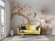 Chinoiserie-style wall mural featuring blooming cherry blossoms, elegant birds in flight, and a soft watercolor-inspired background with a subtle sun.
