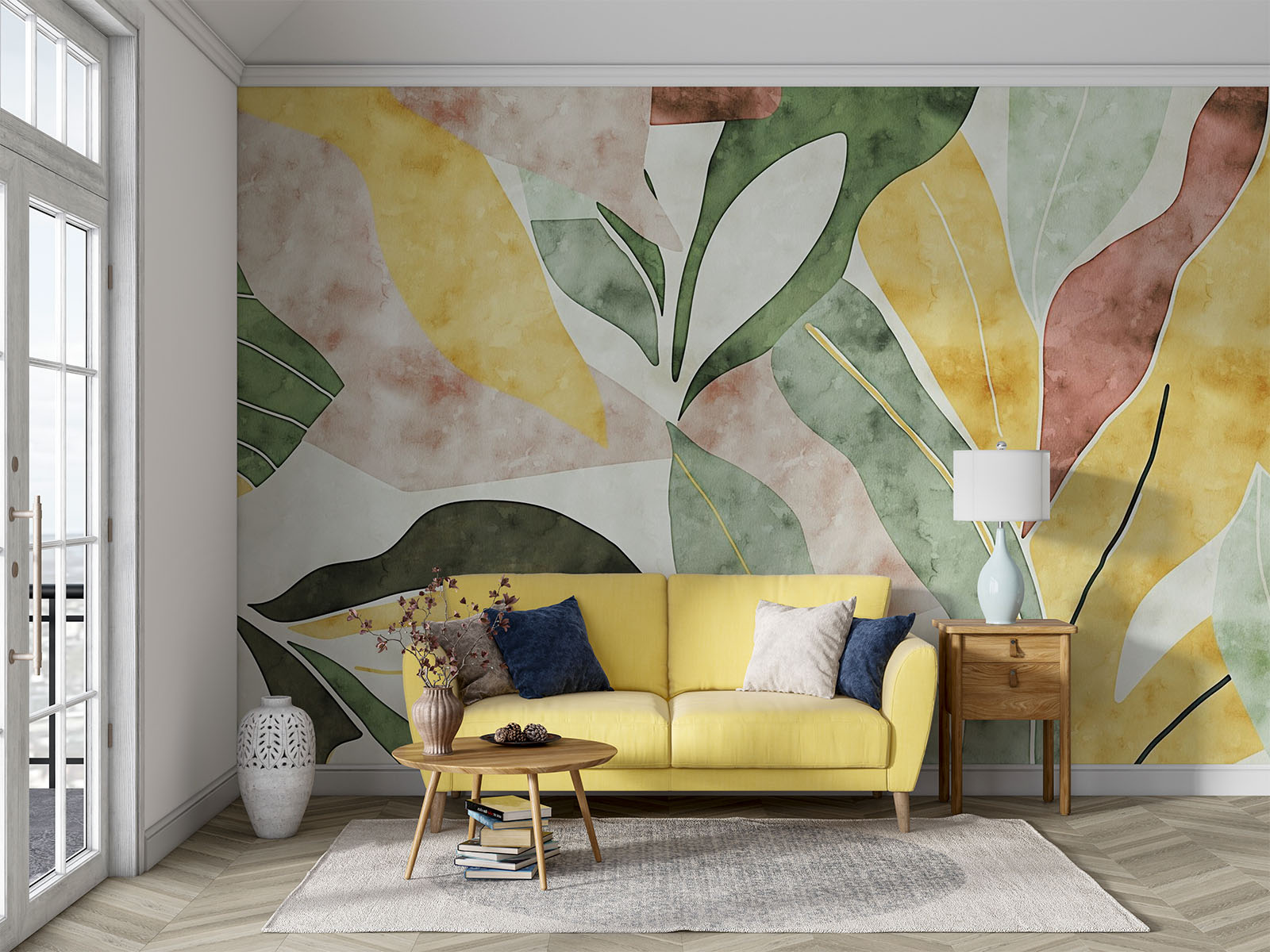 Abstract watercolor leaf wall mural with earthy green, yellow, and terracotta tones in a modern botanical design.