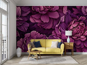 Bold Burgundy Peony Wall Mural – Luxurious Oversized Floral Wallpaper with Deep Plum, Purple, and Dark Background for Elegant Interiors.