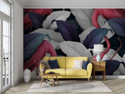 Elegant Tropical Flamingo Wall Mural – Exotic Jungle Wallpaper Featuring Pink Flamingos and Oversized Botanical Leaves in Navy, Silver, and Green for Modern Interiors.