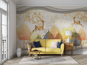 Golden Deer & Autumn Leaves Wall Mural – Elegant Nature-Inspired Wallpaper with Floral Antler Deer and Warm Autumn Hues for Luxury Interiors.