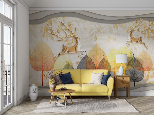 Golden Deer & Autumn Leaves Wall Mural – Elegant Nature-Inspired Wallpaper with Floral Antler Deer and Warm Autumn Hues for Luxury Interiors.