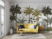 Vintage-style tropical palm tree wall mural with lush green and brown botanical illustrations on a neutral background.