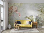 Watercolor-style flamingo wall mural with soft pastel tropical leaves, creating a serene and elegant nature-inspired interior décor.