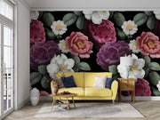 Dark Floral Wall Mural – Vintage Peony & Rose Wallpaper with Dramatic Black Background for Elegant and Luxurious Interiors.