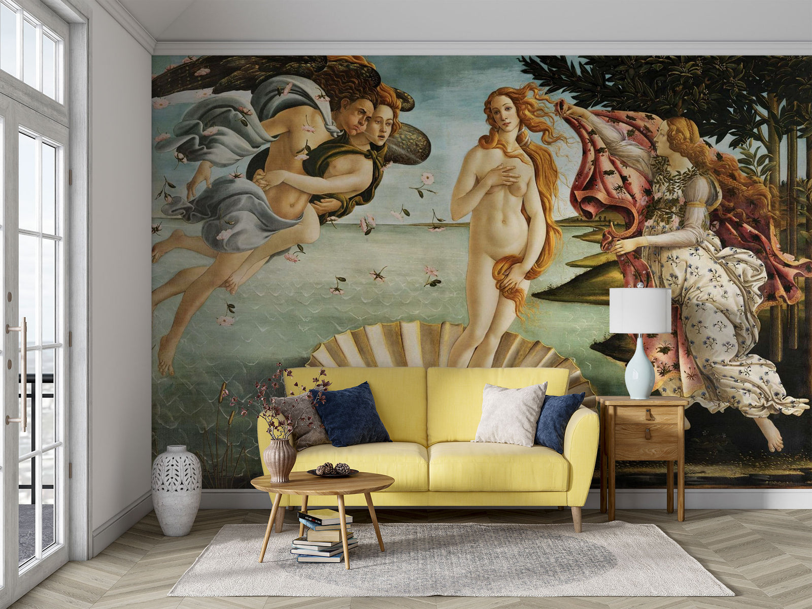 The Birth of Venus wall mural featuring Botticelli’s iconic Renaissance painting with vivid colors, classical figures, and luxurious decor setting.