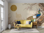 Peacock serenity wall mural with a detailed peacock, cherry blossoms, and golden sun on a beige background in a calm, elegant living room.