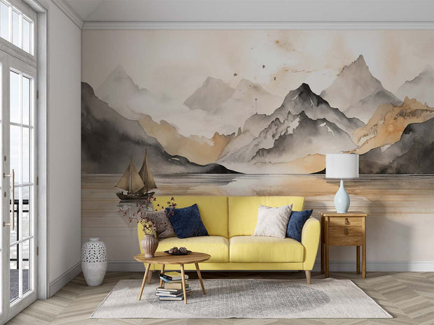 Watercolor Beige Mountain Wall Mural – Hand-Painted Landscape Wallpaper with Misty Peaks, a Sailing Boat, and Soft Earthy Tones for Elegant Interiors.