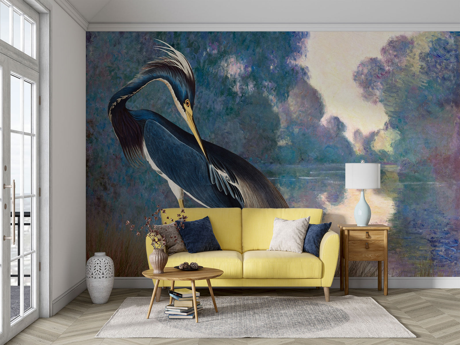 River Grace wall mural featuring a poised heron with rich blue feathers against a dreamy Impressionist river landscape in calming, painterly tones.
