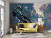 River Grace wall mural featuring a poised heron with rich blue feathers against a dreamy Impressionist river landscape in calming, painterly tones.