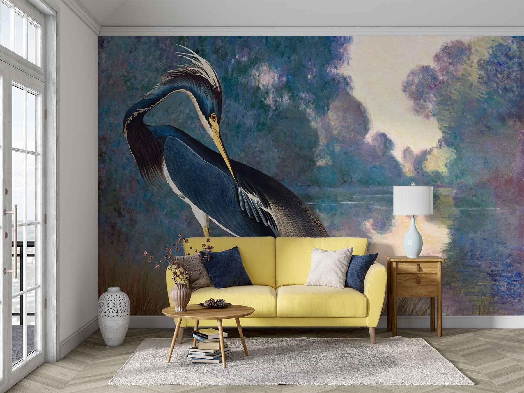 River Grace wall mural featuring a poised heron with rich blue feathers against a dreamy Impressionist river landscape in calming, painterly tones.
