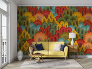 Vibrant Forest Wall Mural featuring colorful abstract trees in red, orange, green, and blue tones, ideal for modern and artistic interiors.