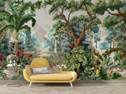 Lush jungle wall mural featuring a mystical forest landscape with dense greenery, exotic plants, and a serene pathway.