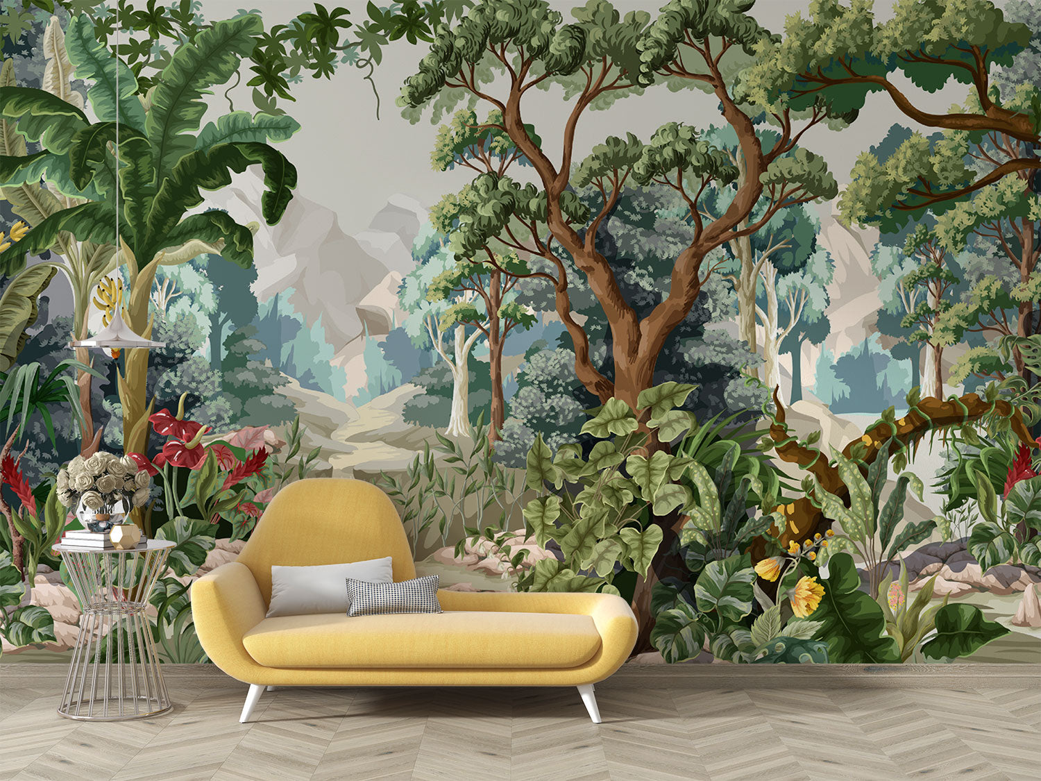 Lush jungle wall mural featuring a mystical forest landscape with dense greenery, exotic plants, and a serene pathway.