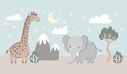 Cute safari wall mural with a giraffe, elephant, and dreamy night sky – perfect for nurseries and kids’ rooms.