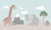 Cute safari wall mural with a giraffe, elephant, and dreamy night sky – perfect for nurseries and kids’ rooms.