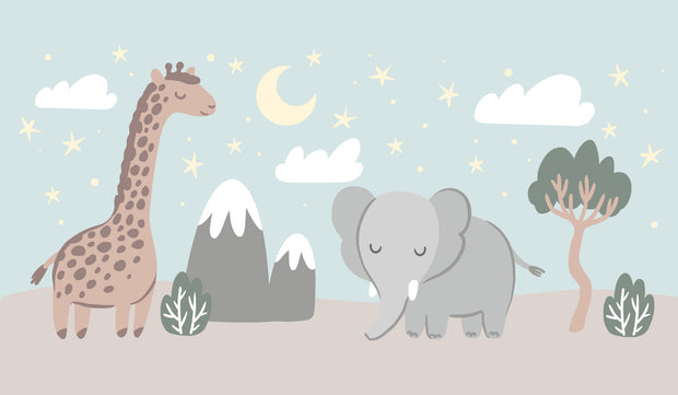 Cute safari wall mural with a giraffe, elephant, and dreamy night sky – perfect for nurseries and kids’ rooms.