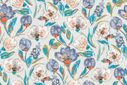 Modern artistic floral wall mural with bold blue, coral, and green flowers.