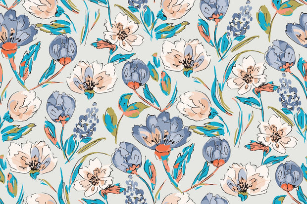 Modern artistic floral wall mural with bold blue, coral, and green flowers.