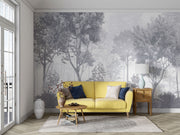 Monochrome forest wall mural with misty trees, grayscale nature wallpaper for elegant interiors.