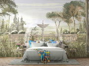 Vintage Fountain Wall Mural – Tropical Botanical Wallpaper with Green Leaves and Nature-Inspired Design