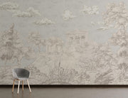 Elegant scenic wall mural with a classical landscape featuring trees, hills, and ancient architectural details in soft, neutral tones.