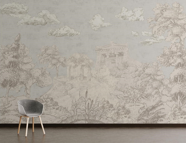 Elegant scenic wall mural with a classical landscape featuring trees, hills, and ancient architectural details in soft, neutral tones.