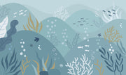 Underwater-themed ocean wall mural featuring fish, seaweed, bubbles, and rolling waves in soft blues and greens. Ideal for kids’ rooms and ocean-inspired interiors.