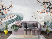 Crane Symphony Wall Mural – Elegant gold-accented cranes flying over ocean waves with cherry blossoms in a Japanese-inspired design.